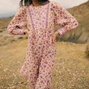 Sezane Josie Purple Floral Organic Cotton Tiered Midi Dress Lace Trim Size 42